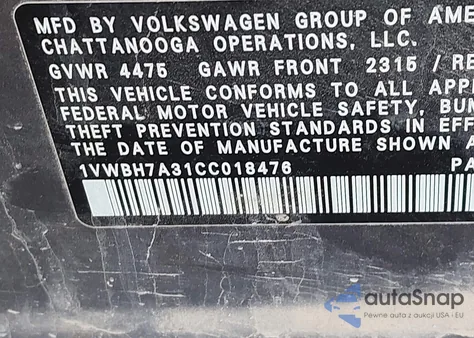2012 Volkswagen Passat 2.5L Se from USA, damaged, VIN 1VWBH7A31CC018476